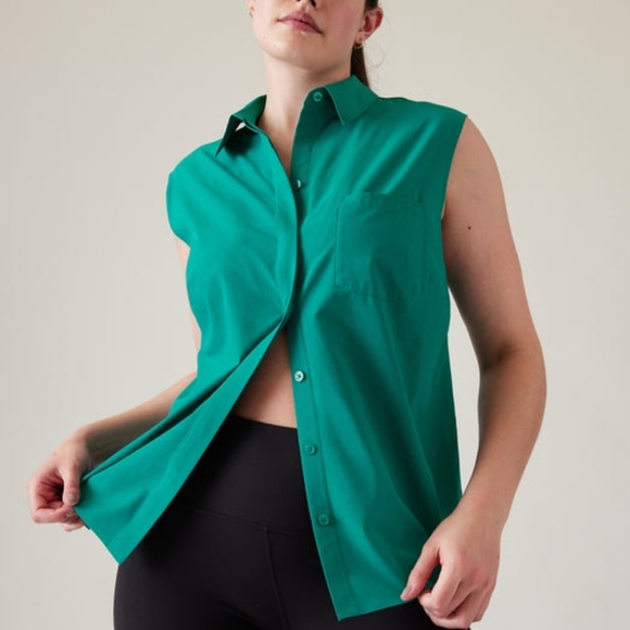 Athleta Emerald Green Teal Sleeveless Collared Button-Up Everlasting Tank Office - Picture 1 of 12